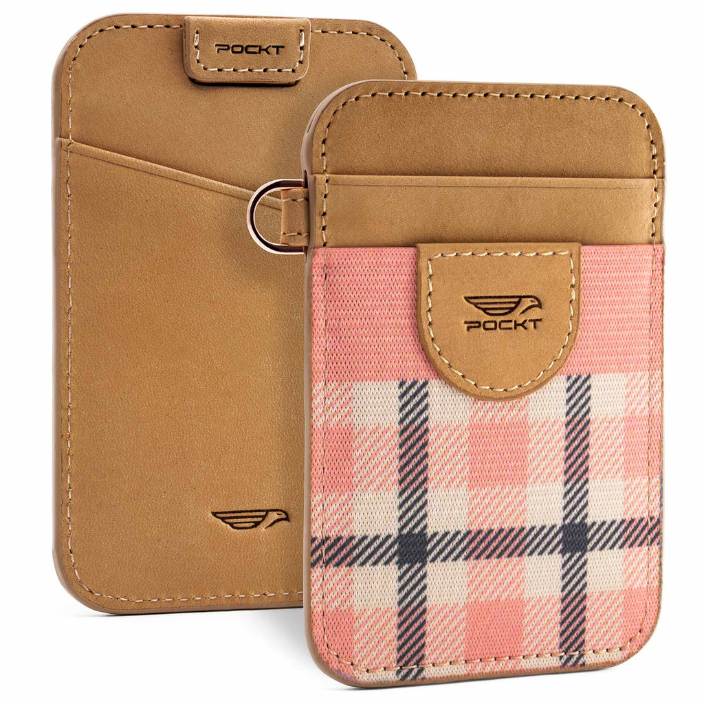 Slim card holder wallet view front and back made from khaki color genuine leather pink plaid elastic fabric front pocket