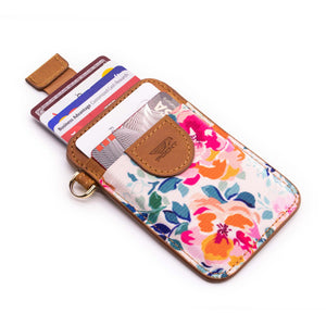 Credit card holder pull tab function red and mint front pocket designed in pink orange floral style credit cards