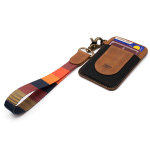 Navy orange yellow multicolor wrist Lanyard with brown slim keychain wallet