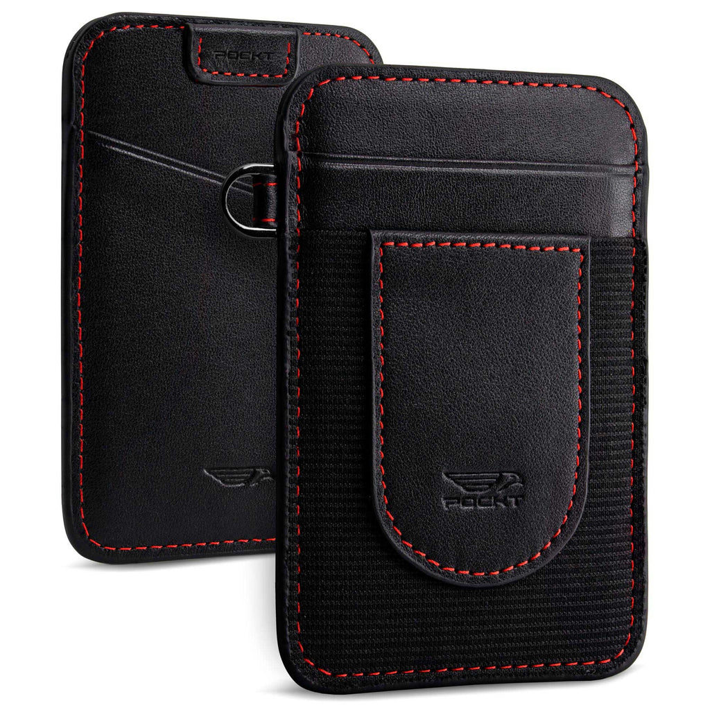 Genuine leather elastic wallet for men black with red stitch vertical slim design view front and back