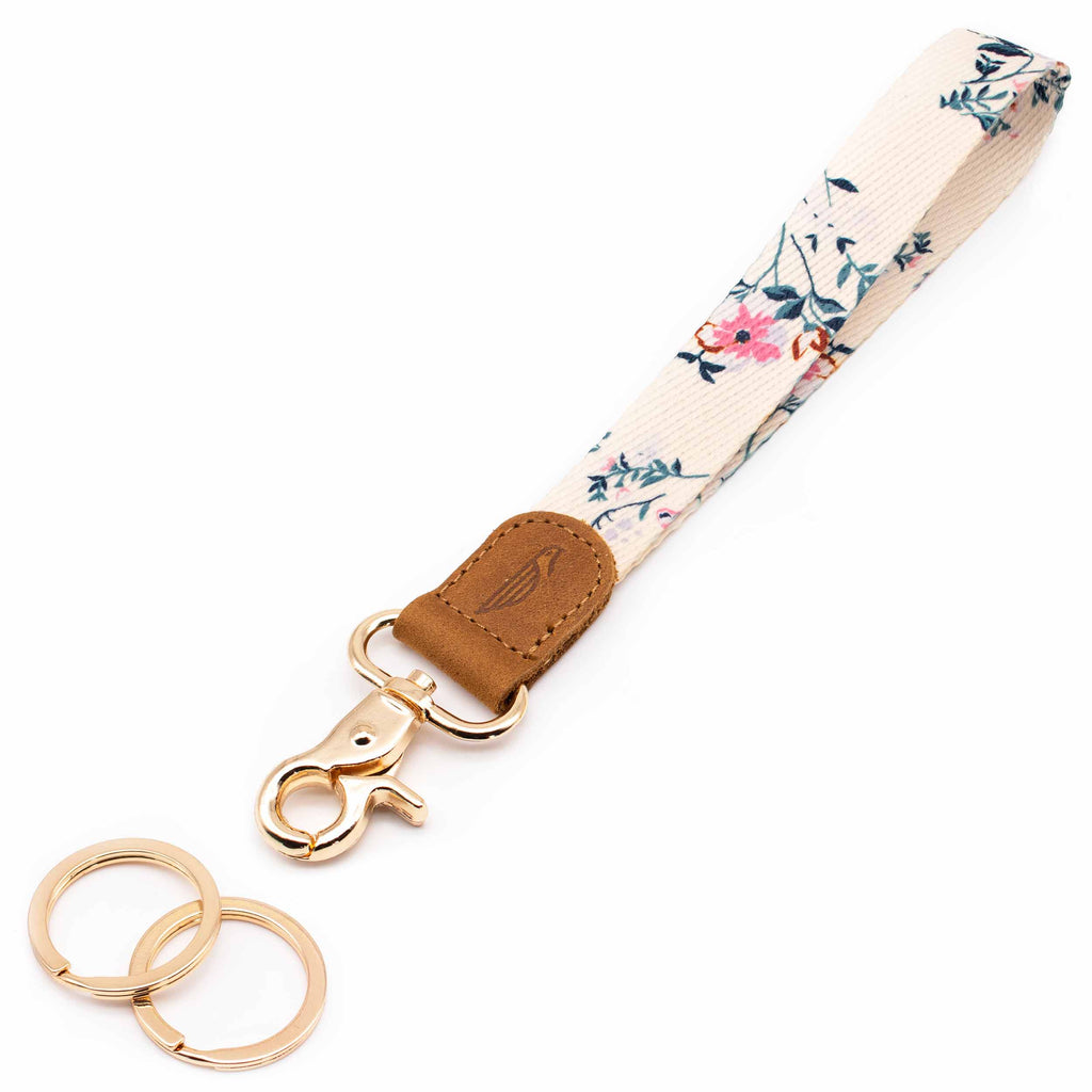 Wrist lanyard creme pink navy floral design brown leather hardware gold metal clasp with 2 key rings