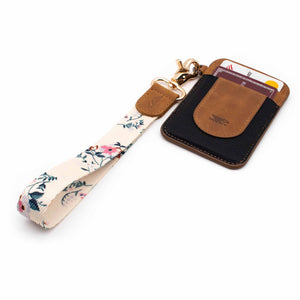 Creme pink floral patterned wrist Lanyard with brown slim keychain wallet