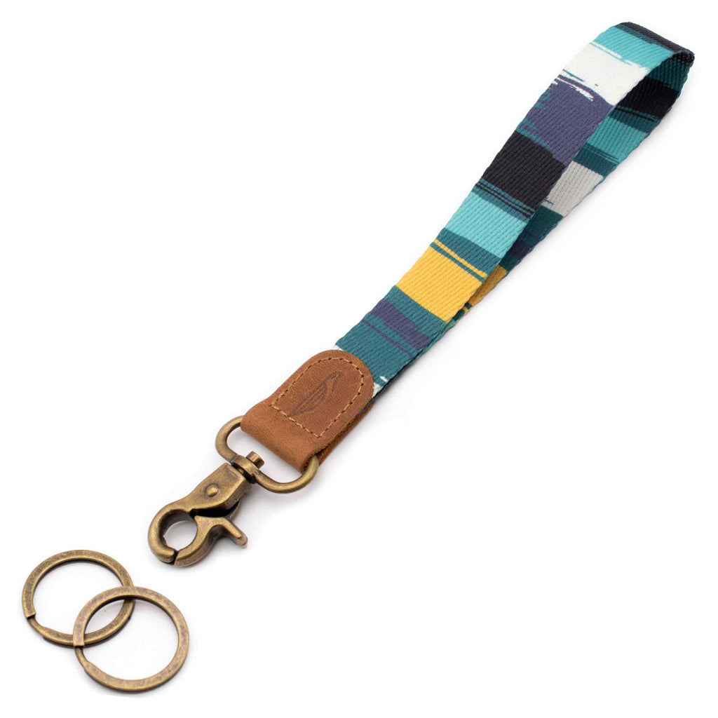 Hand wrist lanyard navy mint yellow black brush design brown leather hardware metal clasp with 2 key rings