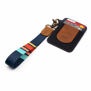 Navy blue red stripe patterned wrist Lanyard with brown navy slim keychain wallet