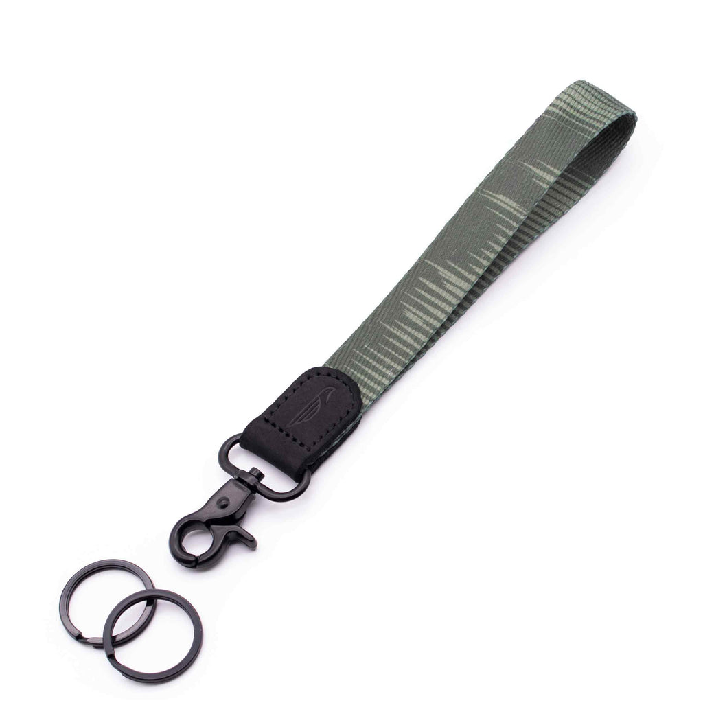 Hand wrist lanyard green striped design black leather hardware metal clasp with 2 key rings
