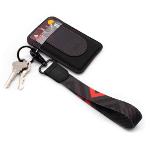 Black red hand chevron pattern strap lanyard with slim black wallet with keys