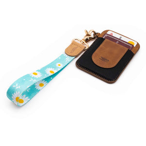 Blue white yellow daisy patterned wrist Lanyard with brown slim keychain wallet