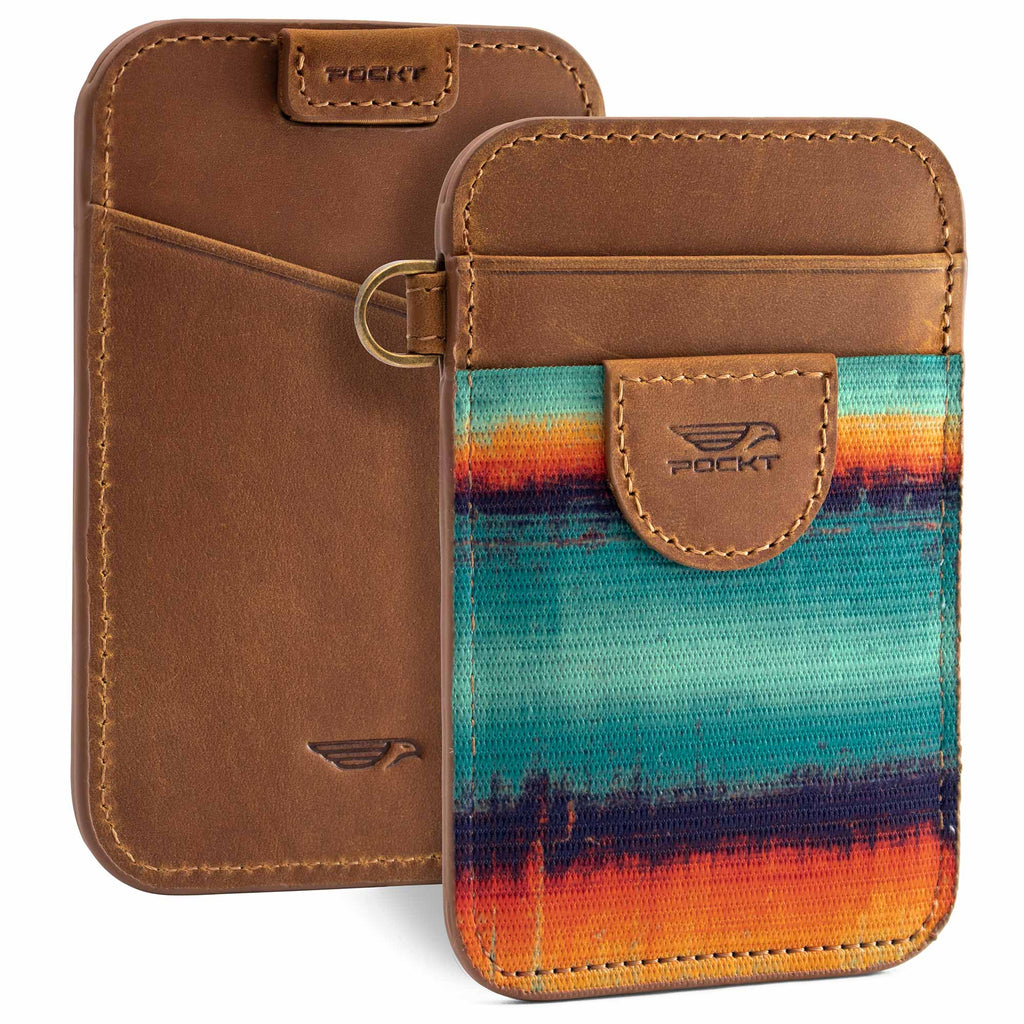 Elastic card holder wallet brown leather mint blue orange front pocket