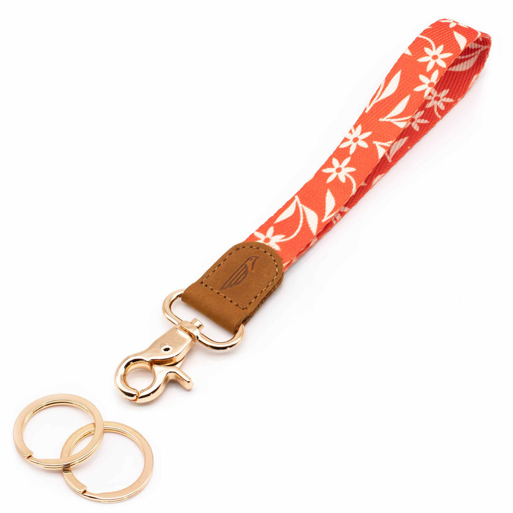 Wrist lanyard orange creme floral design brown leather hardware gold metal clasp with 2 key rings