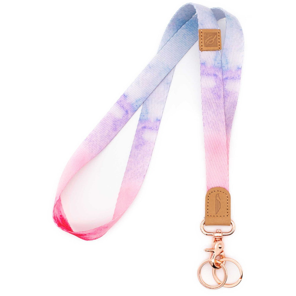 Neck lanyard pink violet blue colored brown leather hardware rose gold metal clasp with 2 key rings