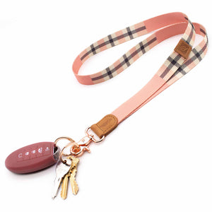 Pink cream plaid neck lanyard with keys and car key