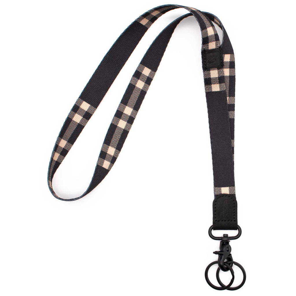 Neck lanyard black tartan plaid pattern black leather hardware metal clasp with 2 key rings