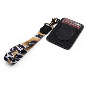 Black brown white leopard patterned wrist Lanyard with black slim keychain wallet