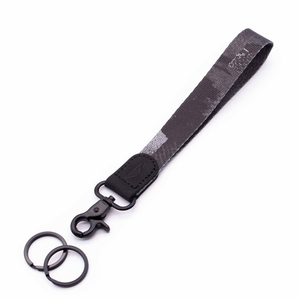 Hand wrist lanyard black white pattern black leather hardware black metal clasp with 2 key rings