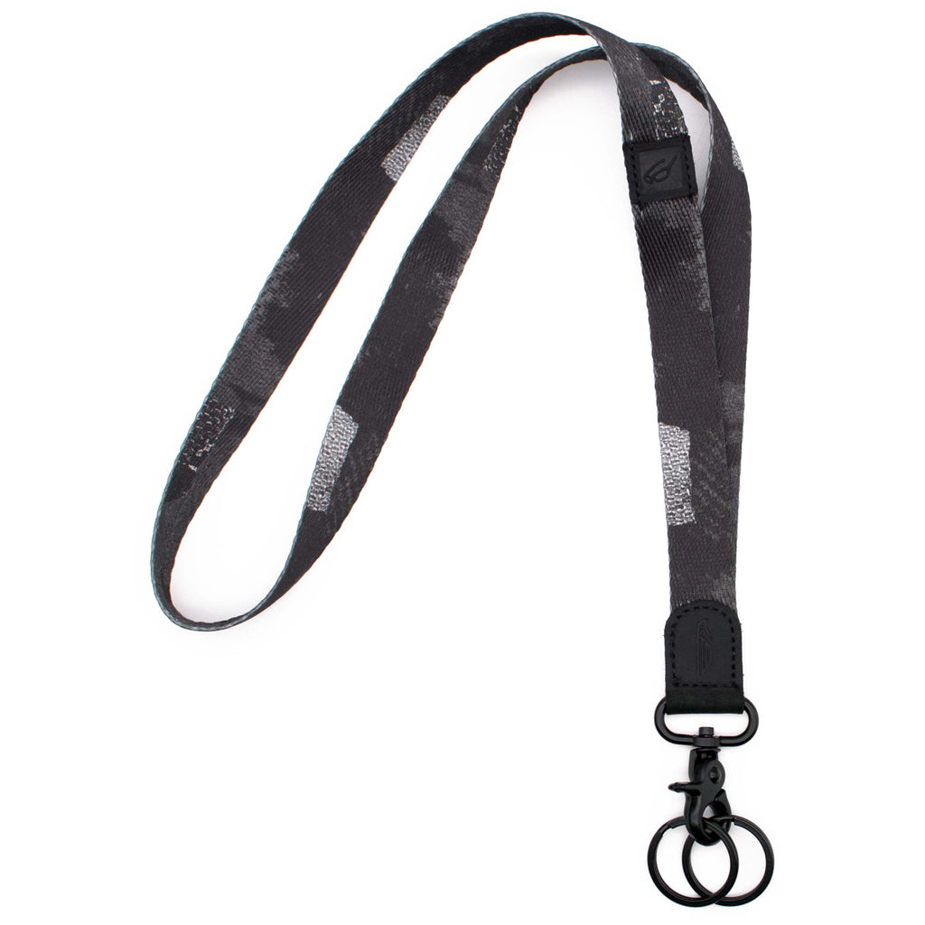 Neck lanyard black white pattern black leather hardware black metal clasp with 2 key rings