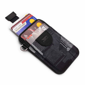 Black credit card holder wallet pull tab function with credit cards