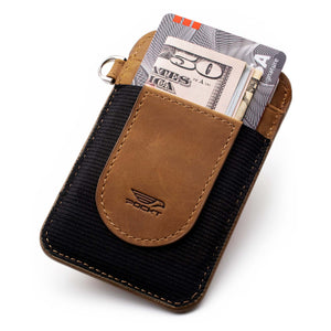 Slim tan black credit card holder displaying money credit cards on the front pocket