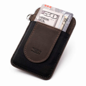 Slim brown black credit card holder displaying money credit cards on the front pocket