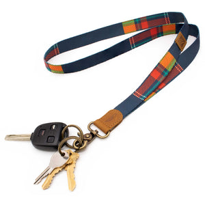 Plaid patterned neck lanyard navy red orange colors with keys and car key