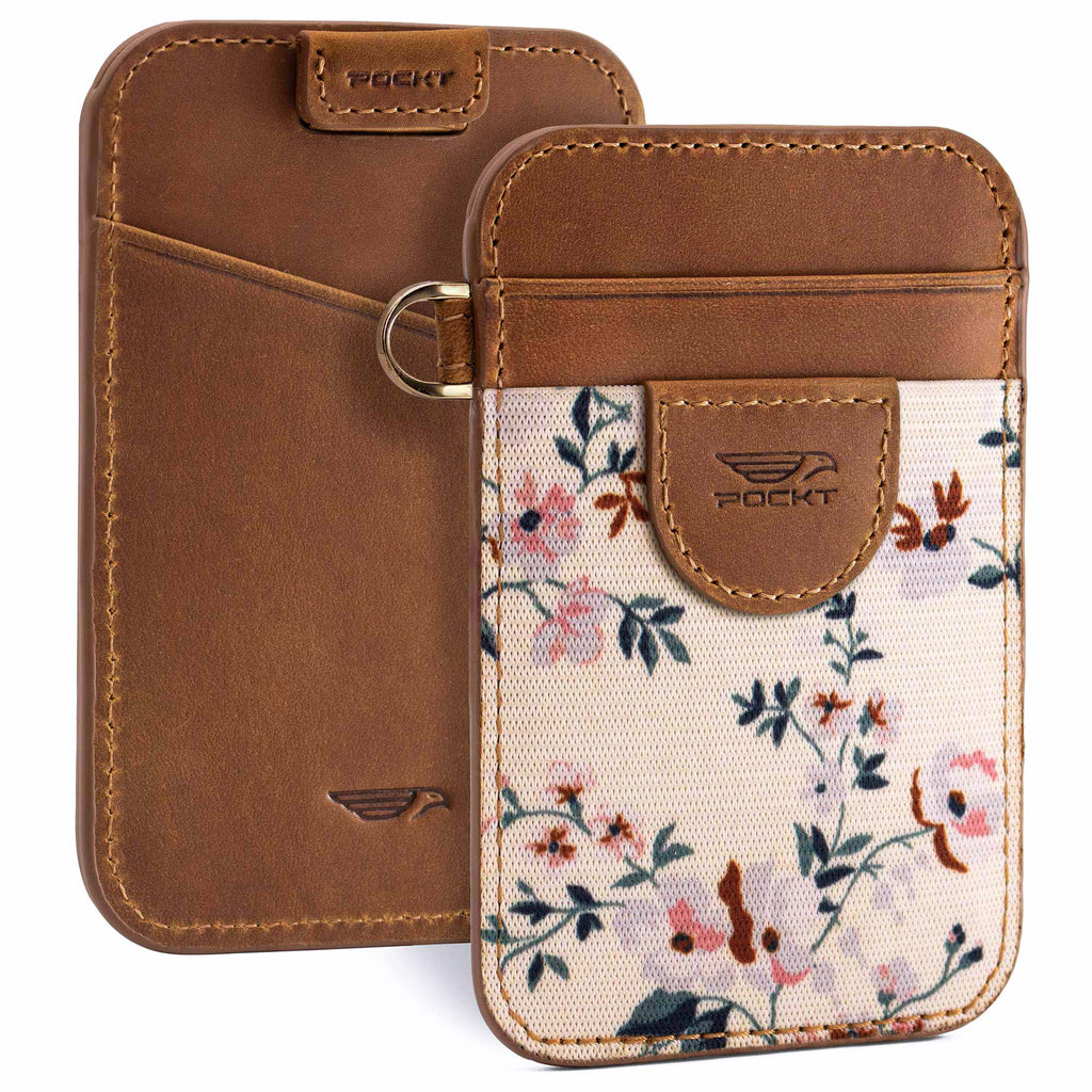 Slim card holder wallet view front and back made from brown color genuine leather off white floral elastic fabric front pocket