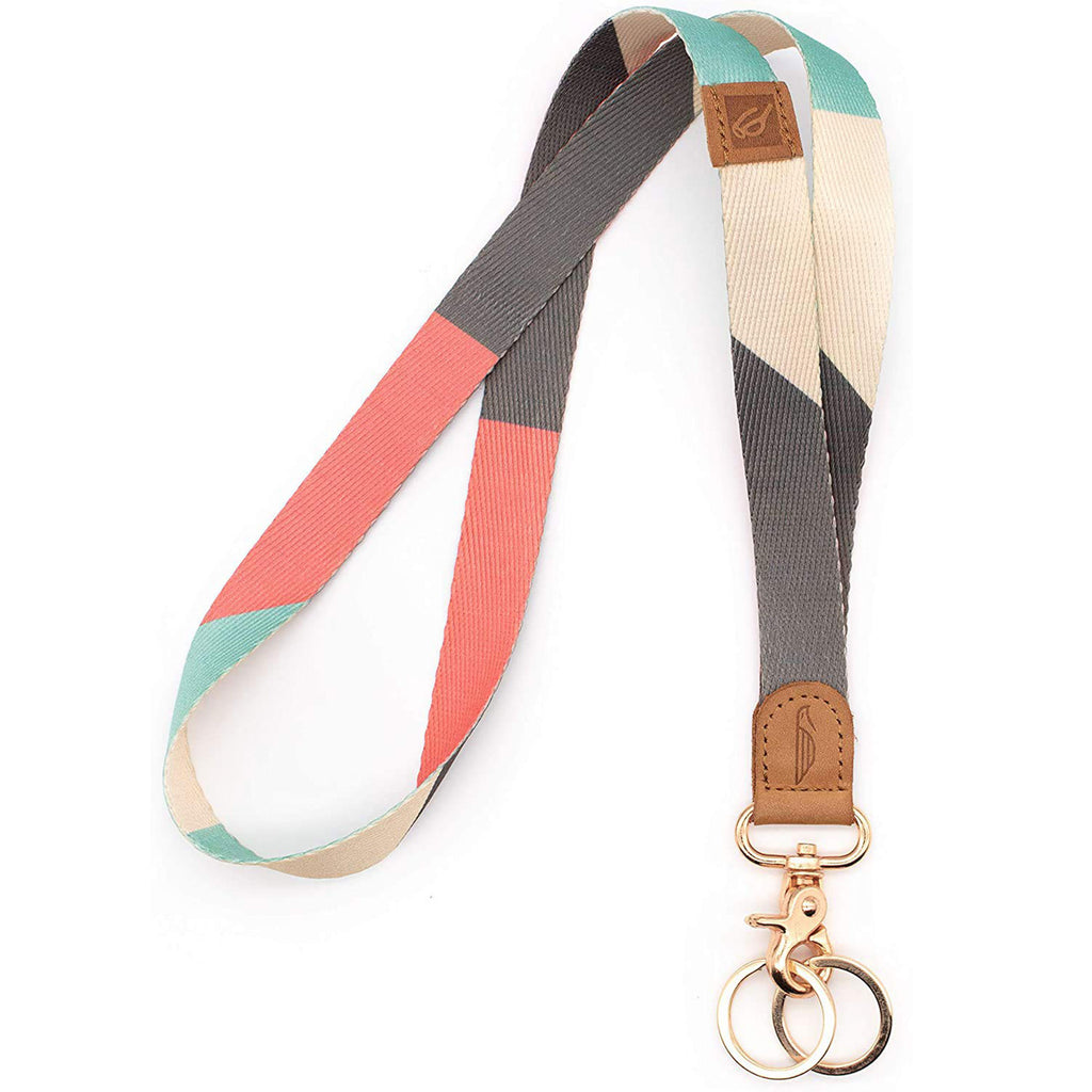 Neck lanyard pink mint gray cream colors brown leather hardware gold metal clasp with 2 key rings