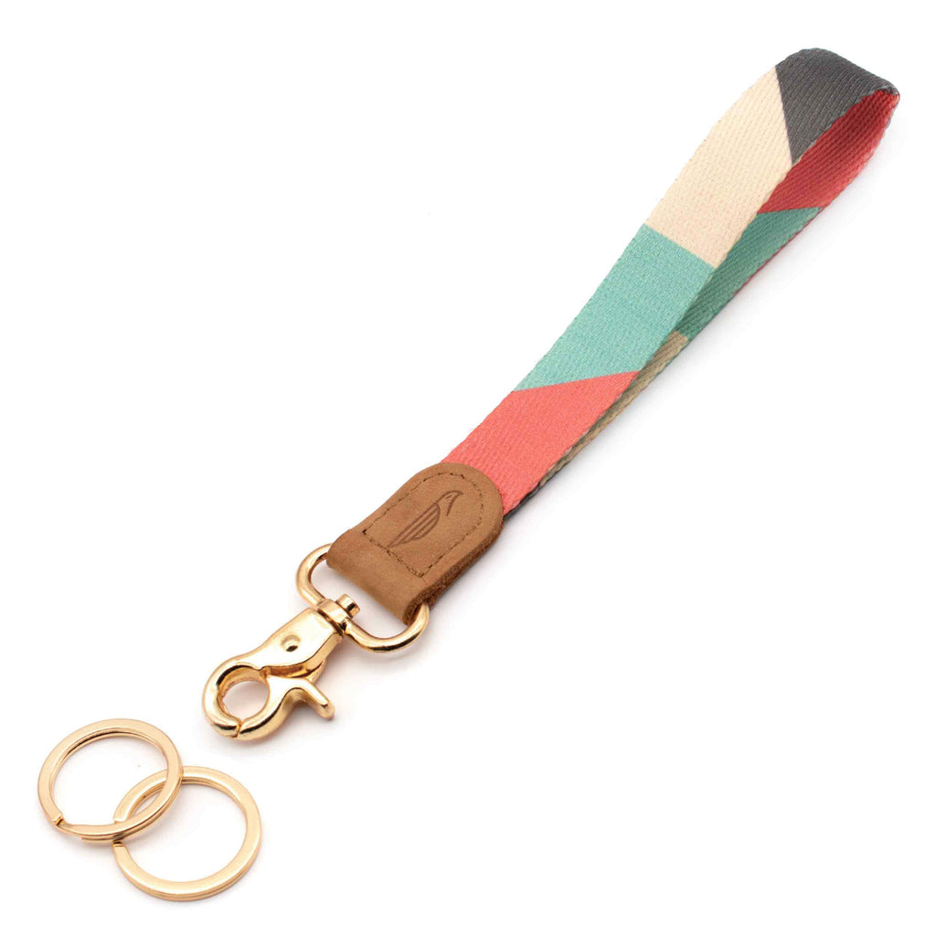 Hand wrist lanyard pink mint gray cream colors brown leather hardware gold metal clasp with 2 key rings