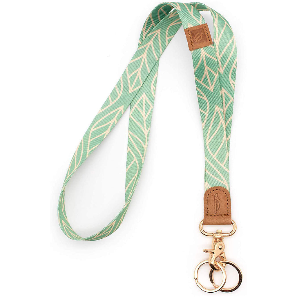 Neck lanyard blue mint cream leaves patterned brown leather hardware gold metal clasp with 2 key rings