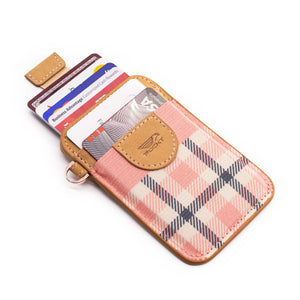 Credit card holder pull tab function pink front pocket designed in plaid style credit cards