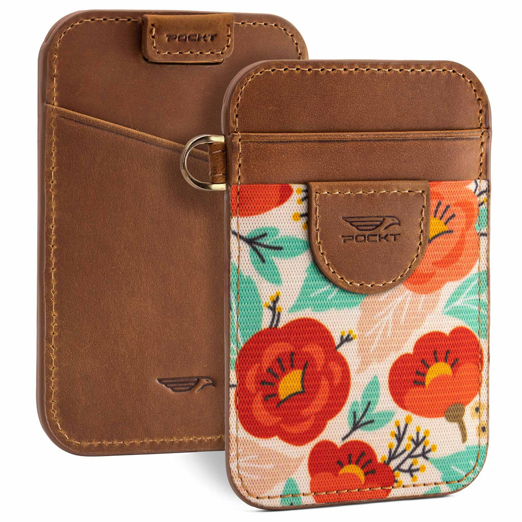 Slim card holder wallet view front and back made from brown color genuine leather red poppy floral elastic fabric front pocket
