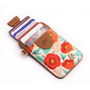 Credit card holder pull tab function red and mint front pocket designed in poppy floral style credit cards