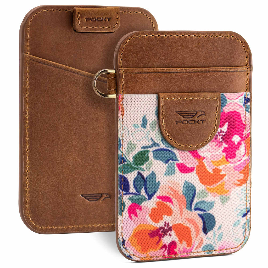 Slim card holder wallet view front and back made from brown color genuine leather pink orange floral elastic fabric front pocket
