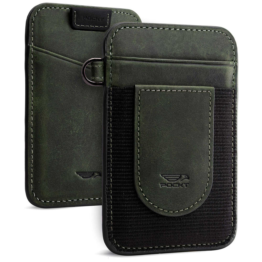 Genuine leather elastic wallet for men green vertical slim design view front and back
