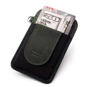 Slim green credit card holder displaying money credit cards on the front pocket