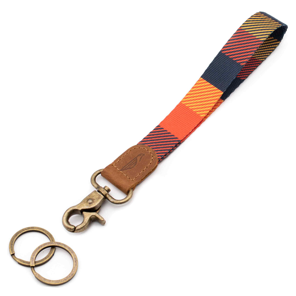 Wrist lanyard navy yellow orange square design brown leather hardware metal clasp with 2 key rings