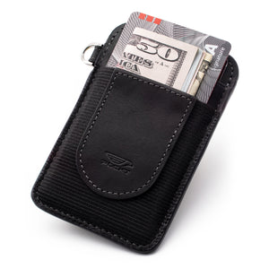 Slim black credit card holder displaying money credit cards on the front pocket