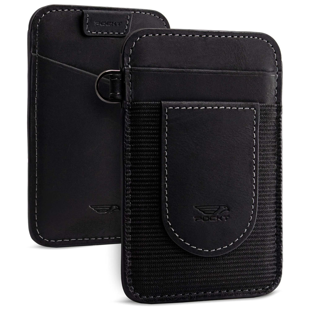 Genuine leather elastic wallet for men black vertical slim design view front and back