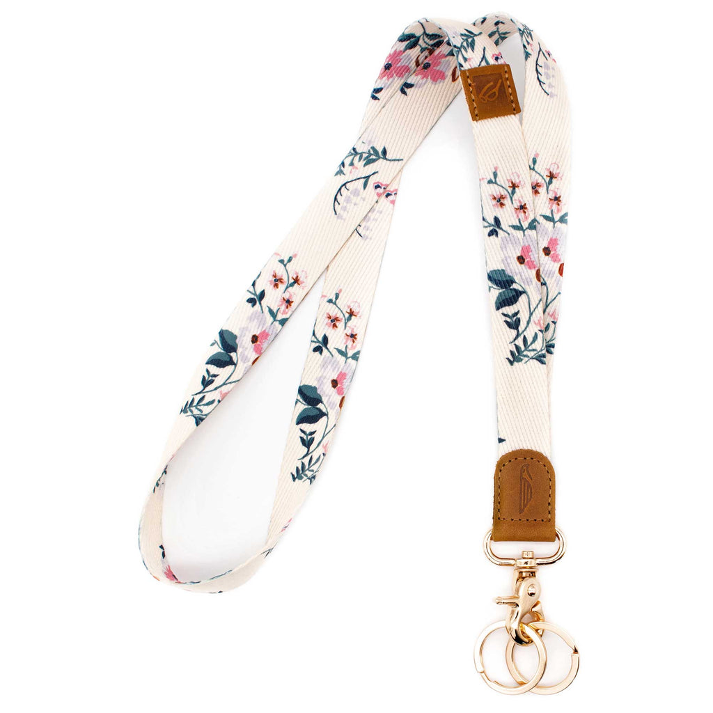 Neck lanyard white pink navy floral design brown leather hardware gold metal clasp with 2 key rings