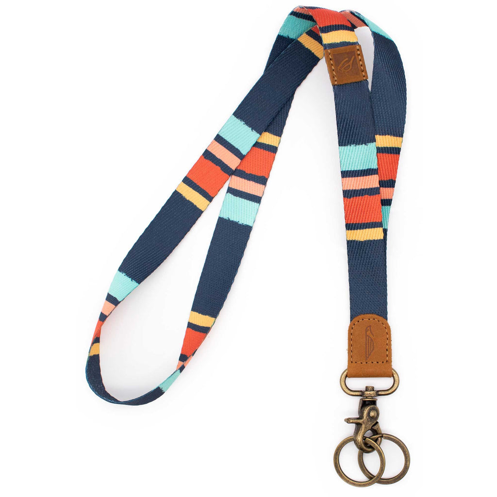 Neck lanyard navy mint yellow red brush design brown leather hardware metal clasp with 2 key rings