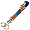 Wrist lanyard navy blue red striped design brown leather hardware vintage metal clasp with 2 key rings