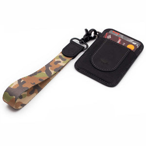 Wrist lanyard brown green camo color with black credit card holder