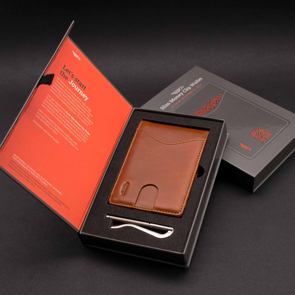 Pockt Slim Bifold Wallet for Men with Money Clip - Minimalist Leather RFID Blocking Front Pocket Mens Wallets Stone Black