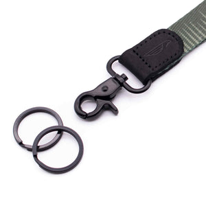 Close up lanyard with 2 metal key rings black leather green fabric