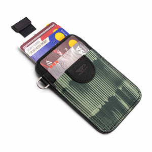 Credit card holder pull tab function green front pocket black leather with credit cards