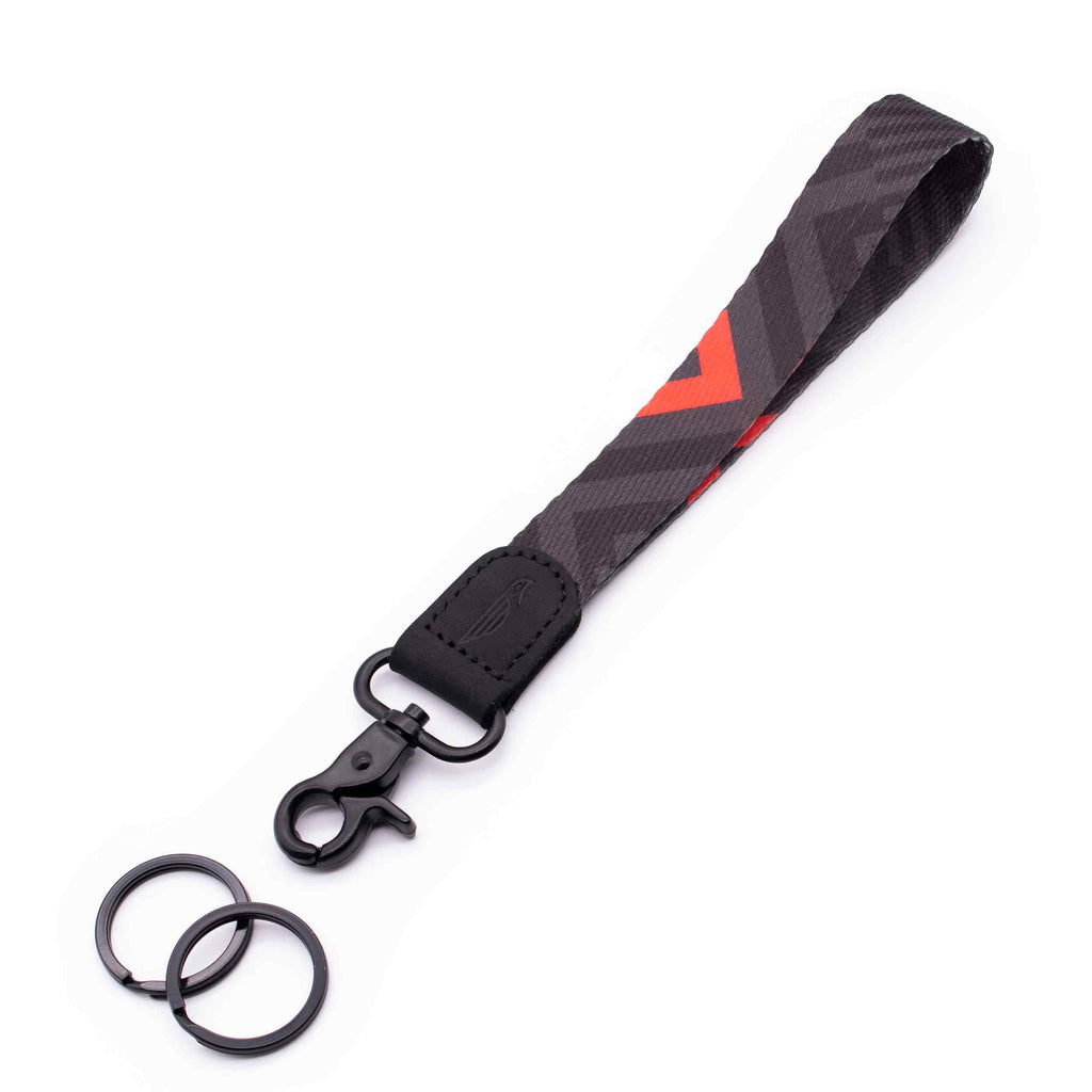 Hand wrist lanyard black and red chevron pattern black leather hardware metal clasp with 2 key rings