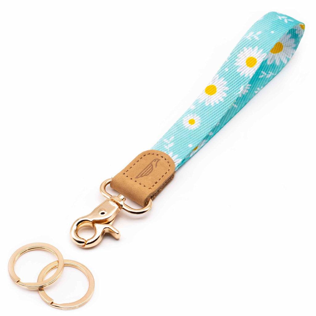 Wrist lanyard mint blue yellow daisy pattern brown leather hardware gold metal clasp with 2 key rings