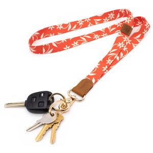 Multi color neck lanyard orange white floral patterned with keys and car key