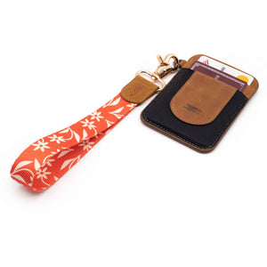 Orange creme floral patterned wrist Lanyard with brown slim keychain wallet