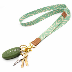 Leaves patterned mint color neck lanyard with keys and car key