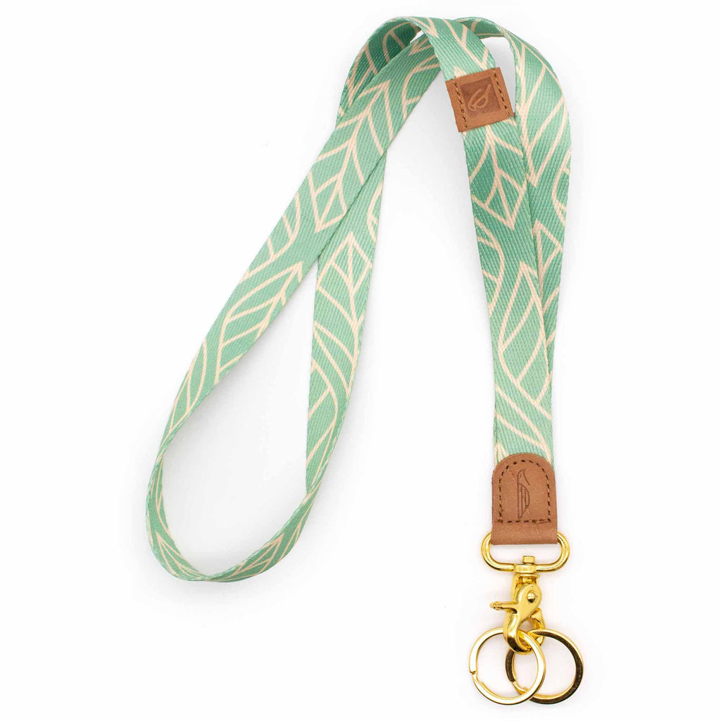 Neck lanyard blue mint cream leaves patterned brown leather hardware gold metal clasp with 2 key rings