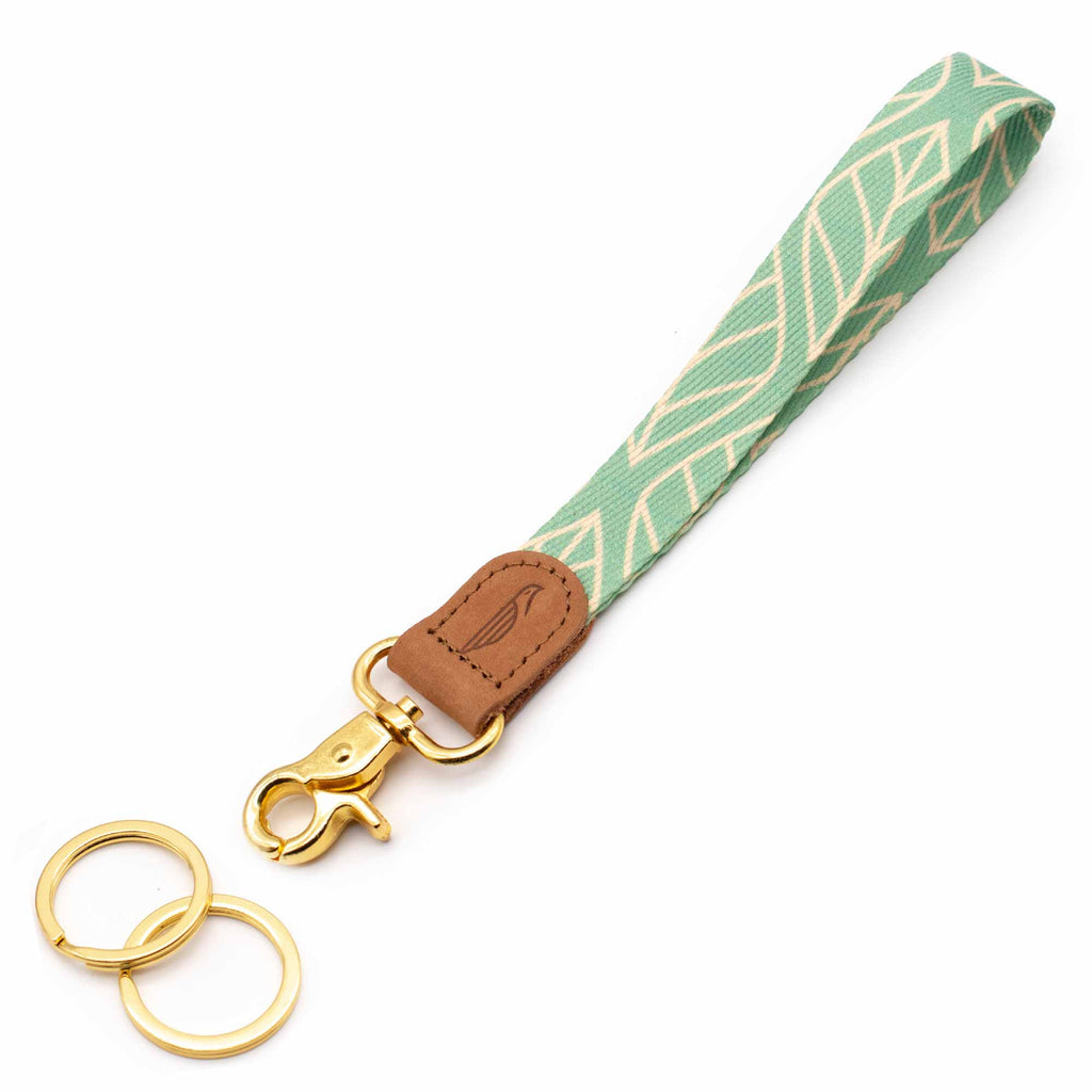 Hand wrist lanyard blue mint cream leaves patterned brown leather hardware gold metal clasp with 2 key rings